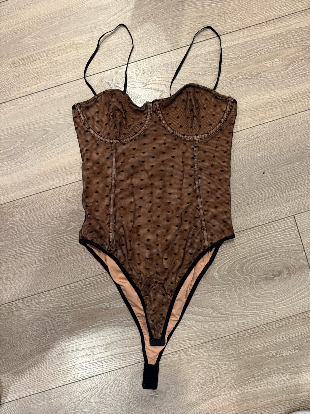 White Fox Boutique Brown Mesh Heart-Print Bodysuit with Black Trim